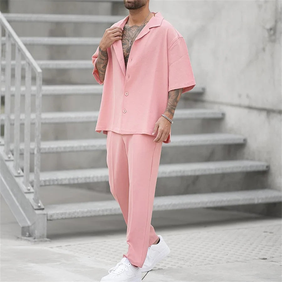 Men's pink linen short-sleeve button shirt and matching trousers set, full look