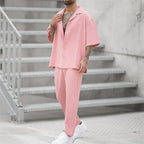 Men's pink linen short-sleeve button shirt and matching trousers set, full look