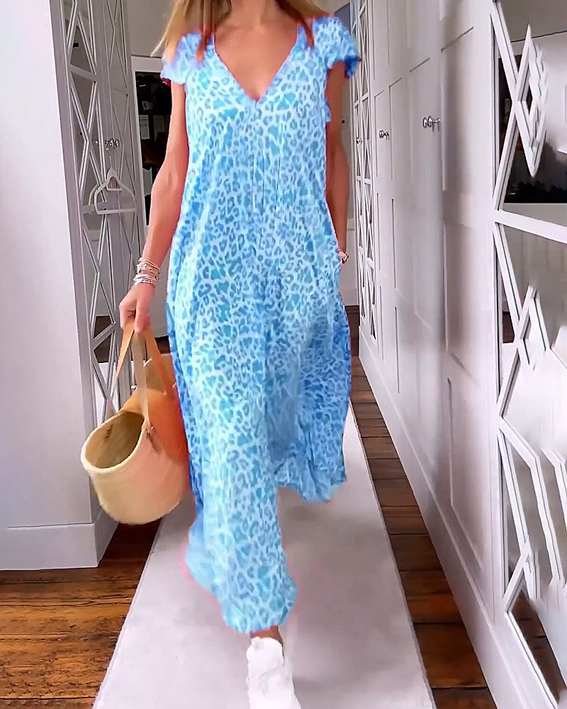 Light blue V-neck maxi dress with leopard print, ruffled cap sleeves and flowing hem