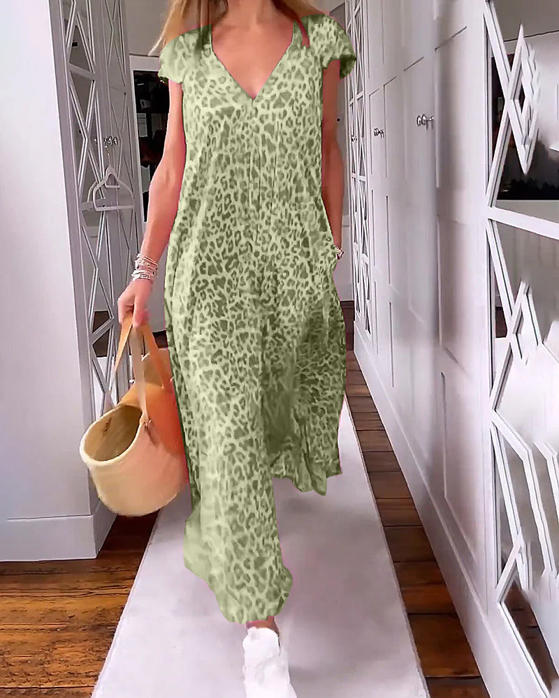 Olive green V-neck maxi dress with leopard print, ruffled cap sleeves and draped hem