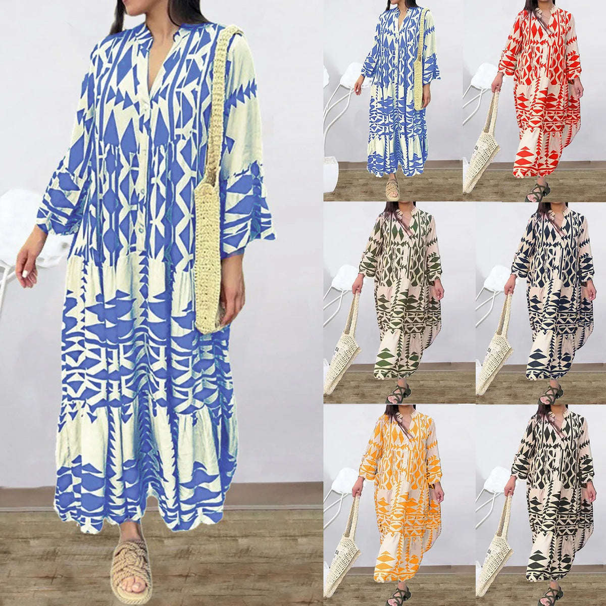 Laura™ summer maxi dress, blue and cream geometric print, long sleeves