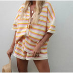 Multicolor striped knit button-up shirt and matching shorts set