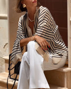 Clara™ elegant blouse, cream-and-black striped V-neck, relaxed fit, draped long sleeves