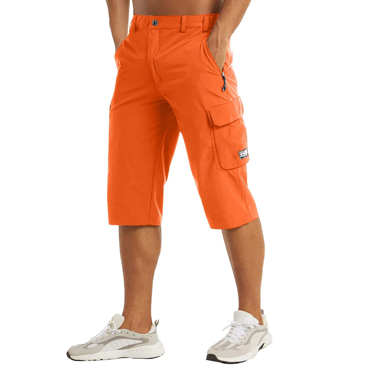Orange cargo shorts with knee-length fit and side cargo pocket