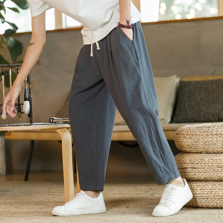 Lorenzo™ summer trousers in dark charcoal with drawstring waist and tapered legs