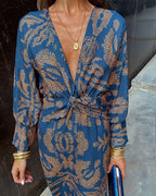 Gaby™ summer dress in blue with gold ornament print, V-neck, tied front, long sleeves
