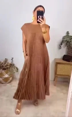 Brown pleated maxi dress with cap sleeves and round neckline