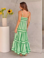 Layla™ green striped tiered maxi dress, spaghetti straps, sleeveless back view