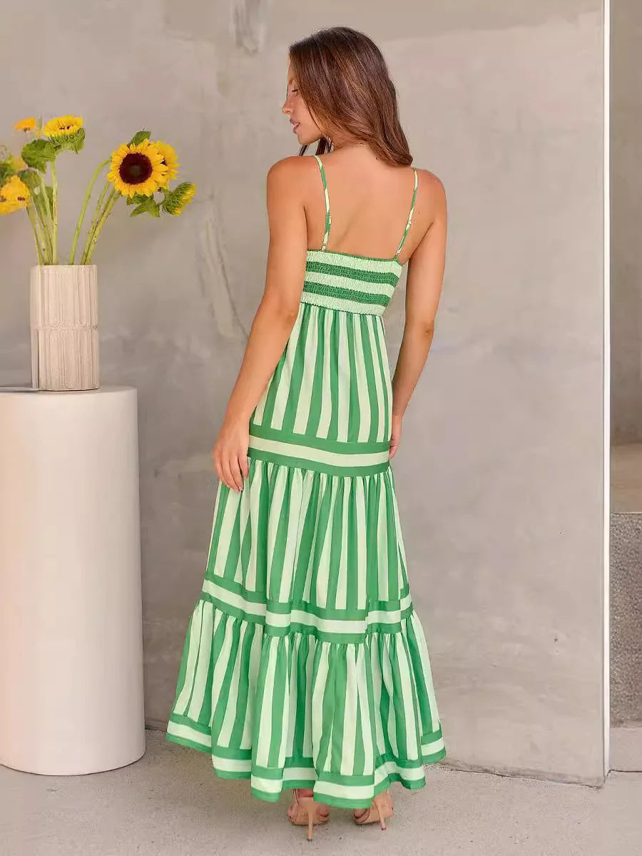 Layla™ green striped tiered maxi dress, spaghetti straps, sleeveless back view