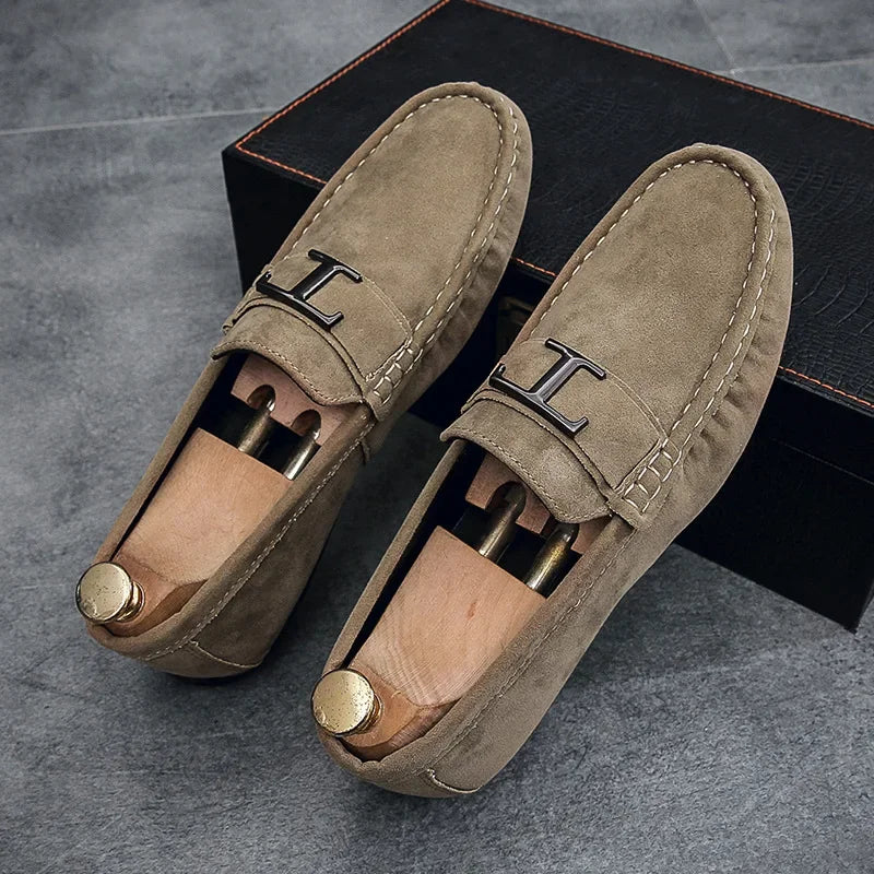 Beige suede slip-on instapper loafers with H buckle strap