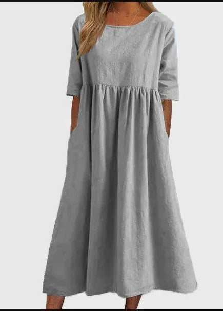 Norah™ summer dress in light gray, short sleeves, round neck, gathered waist, midi length