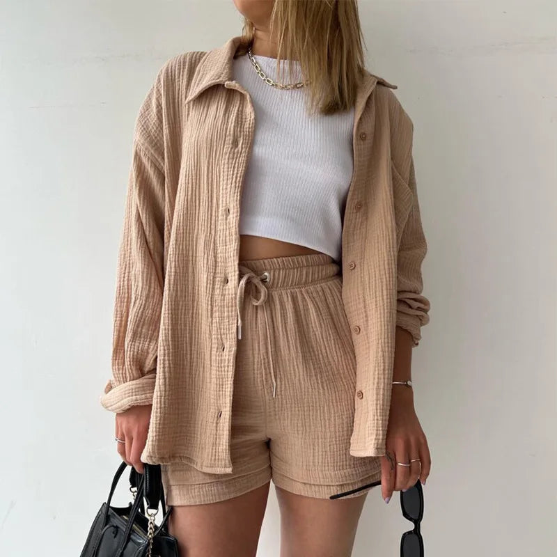 Esra™ Chique co-ord set in khaki: button-front overshirt and drawstring shorts