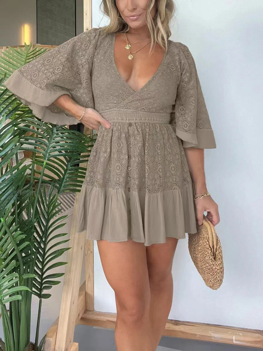 Maru™ summer dress in taupe beige, V-neck, tiered short skirt, flared sleeves