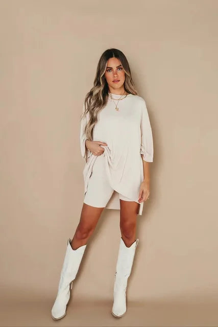 Cream two-piece weekend set with long-sleeve top and matching shorts