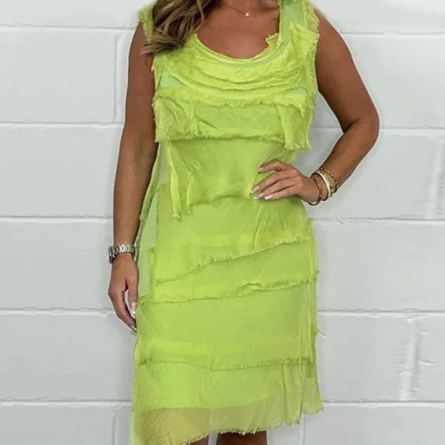 Sleeveless tiered dress, neon lime green, ruffle trim and layered fringe hem