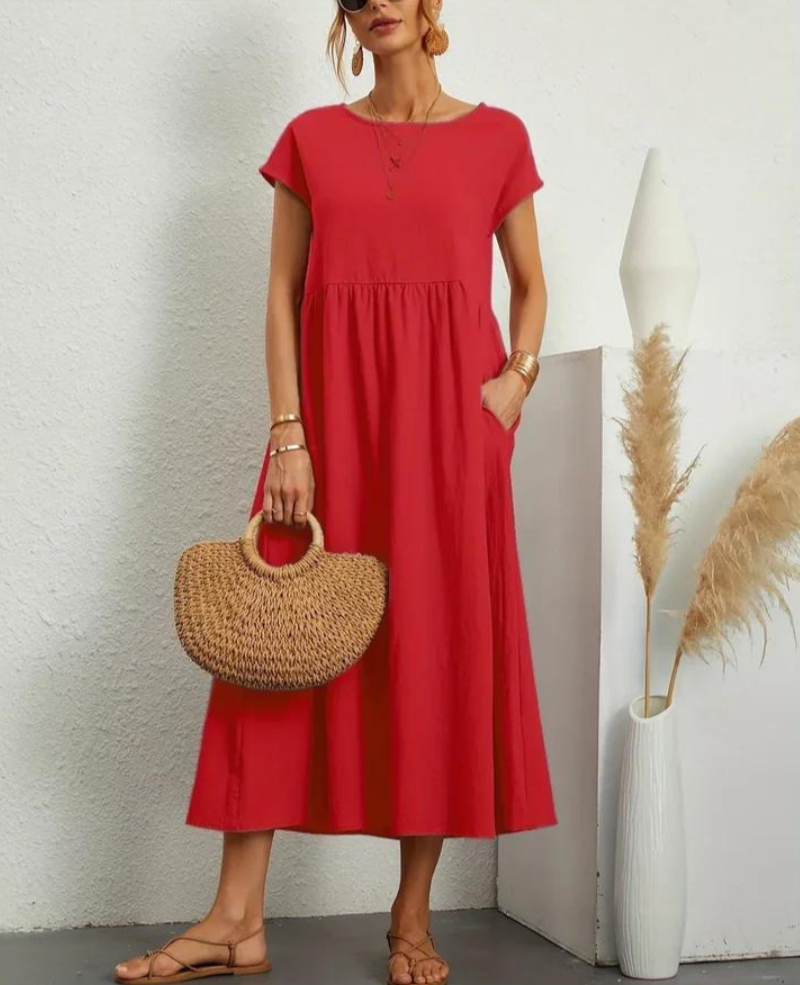 Ruby summer dress in red, tiered midi with short sleeves and scoop neckline