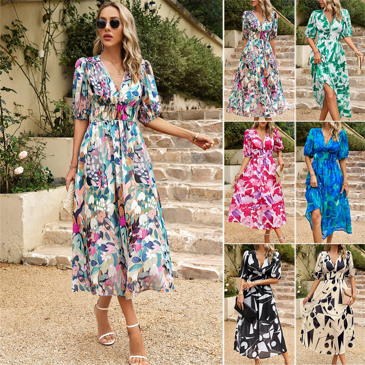 Assorted patterned summer dresses in blue, green, pink, and black-and-cream prints