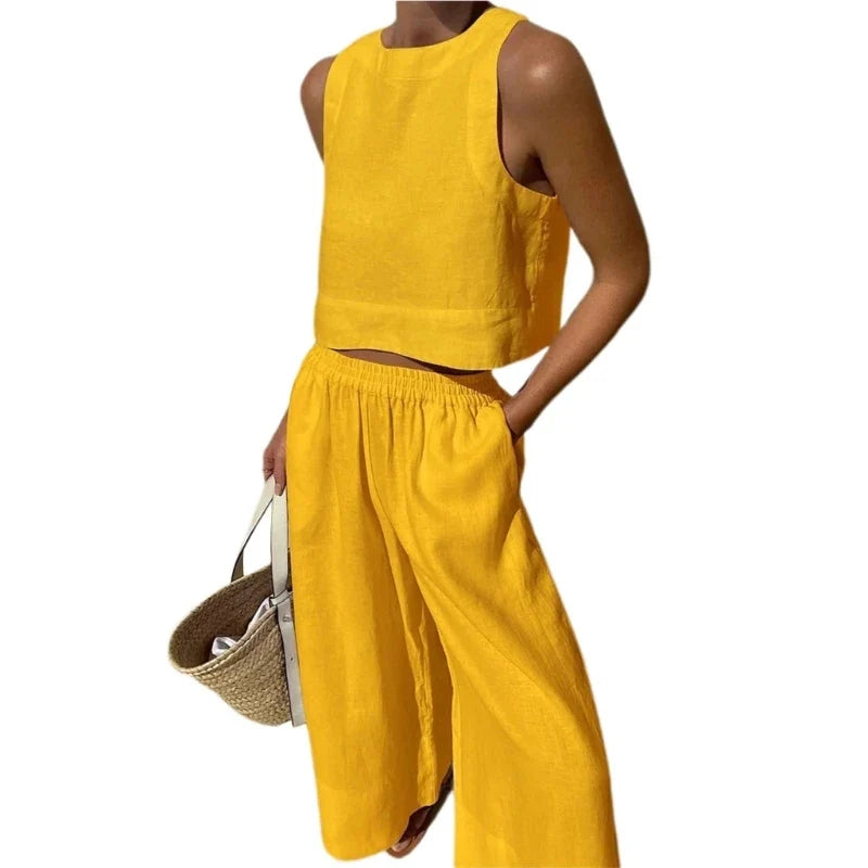 Two-piece sleeveless crop top and wide-leg pants set, yellow with elastic waist