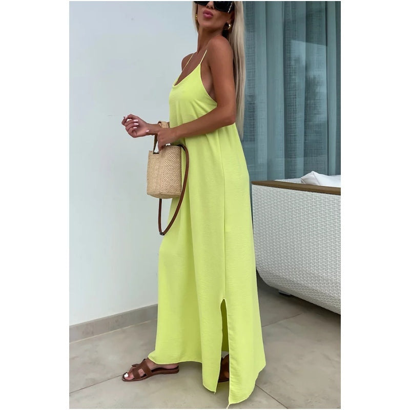 Francesca™ summer dress, sleeveless lime yellow maxi with spaghetti straps and side slit