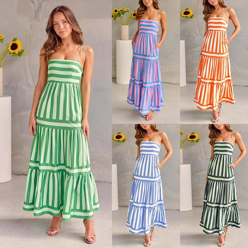 Layla™ striped tiered maxi dress in green, blue, and orange color options