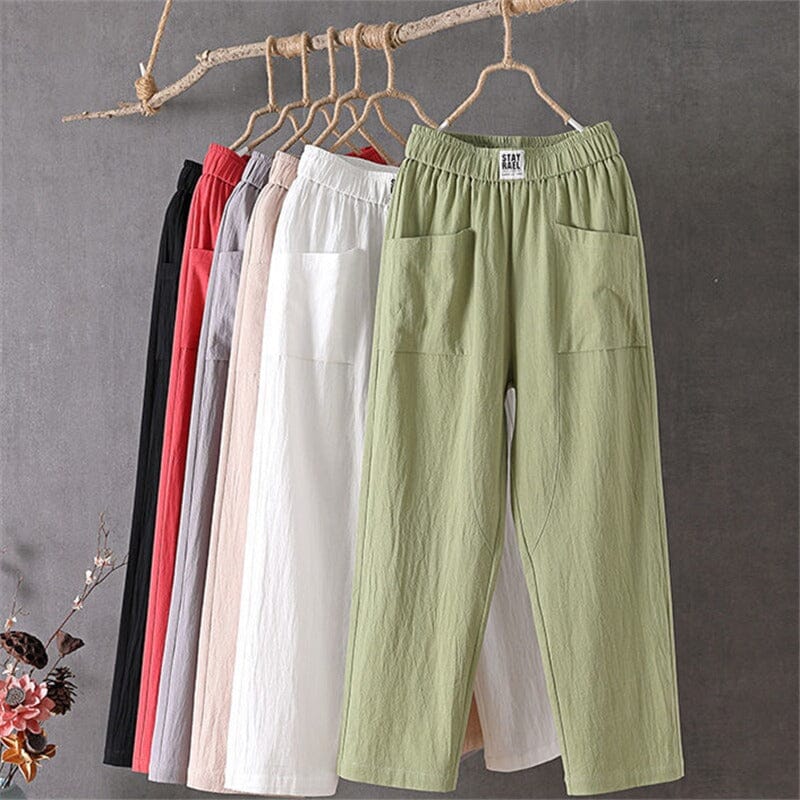 Women’s comfort pants assortment, green and neutrals, elastic waist, side pockets