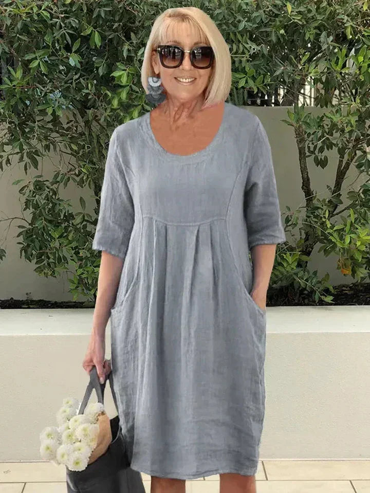 Vivian™ cotton summer dress, gray, scoop neck, short sleeves, gathered waist