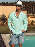 Men's V-neck linen shirt, mint green, 3/4 sleeves and partial button placket
