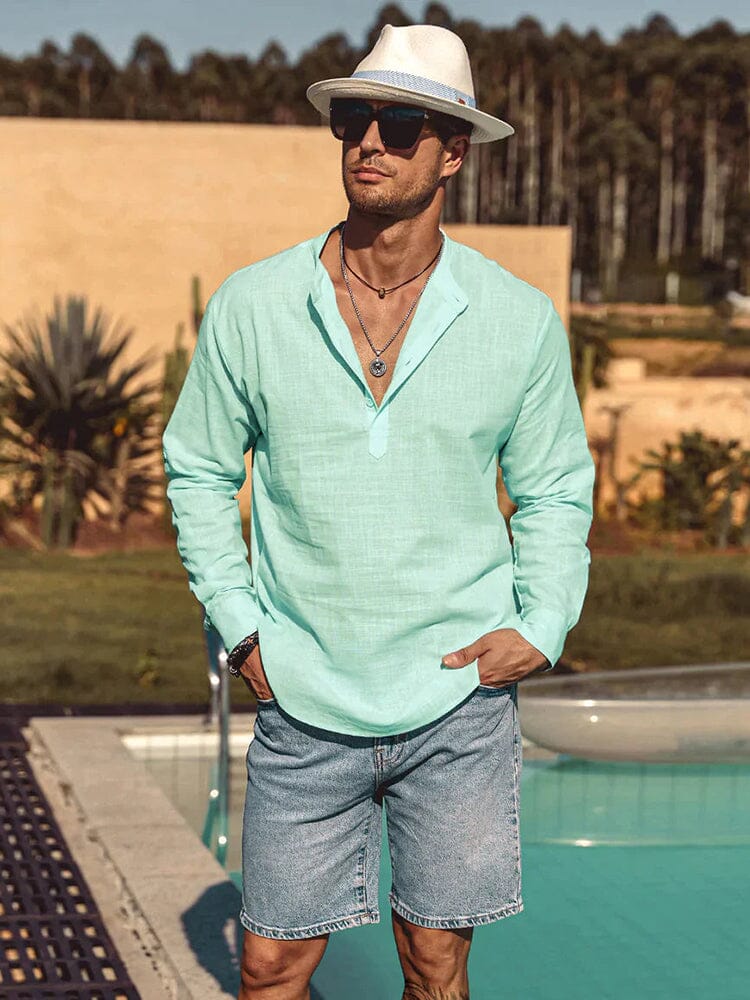 Men's V-neck linen shirt, mint green, 3/4 sleeves and partial button placket