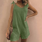 Sofia™ elegant green sleeveless romper with scoop neck and side pockets, short legs