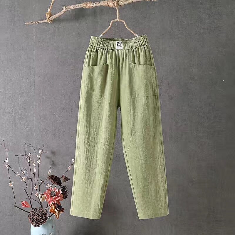 Women’s comfort pants, light green, elastic waist with side pockets