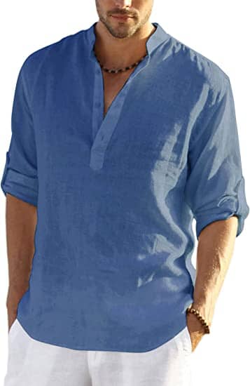 Men's V-neck linen shirt, royal blue, 3/4 sleeves with partial button placket