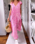 Pink V-neck maxi dress with leopard print, ruffled cap sleeves and flowing hem