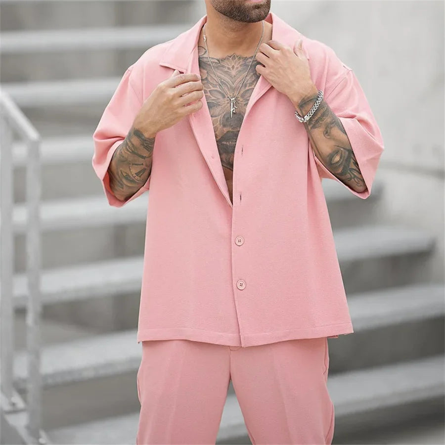 Men's pink linen short-sleeve shirt and matching trousers set, button placket view