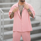 Men's pink linen short-sleeve shirt and matching trousers set, button placket view