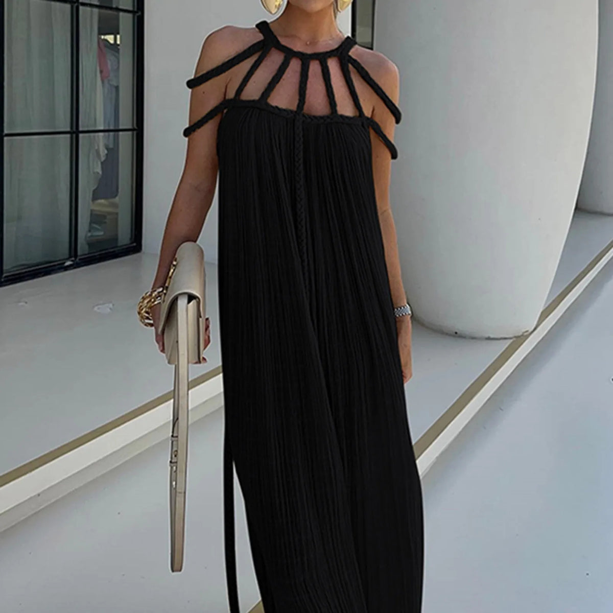 Pleated halter maxi dress with cutout shoulder straps, black