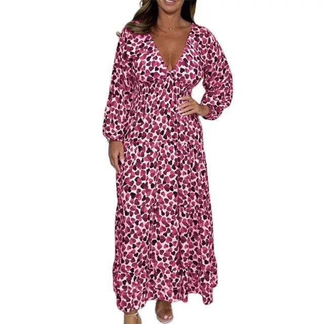 Pink and burgundy leopard print long-sleeve V-neck maxi dress with gathered waist