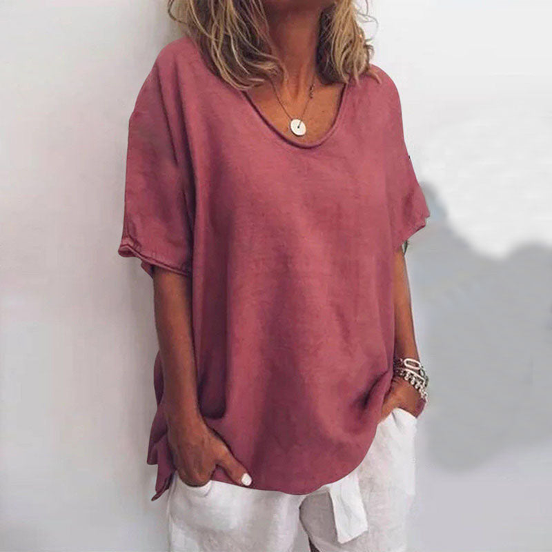 Anna™ loose-fit blouse, short sleeves, scoop neck, burgundy