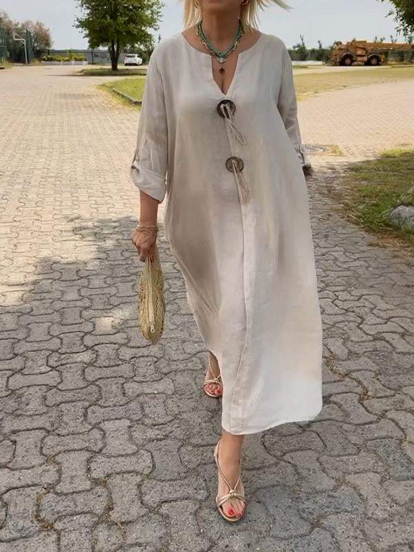 Marie™ elegant light beige long dress with V-neck and loop button-front detail