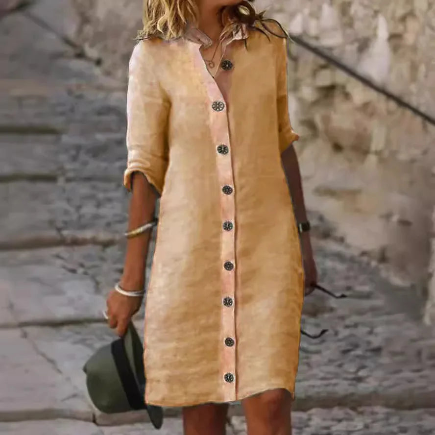 Laura™ beige linen button-front dress with collar and 3/4 sleeves