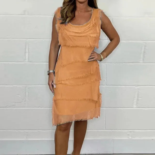 Sleeveless tiered dress, warm orange, ruffle trim and layered fringe hem