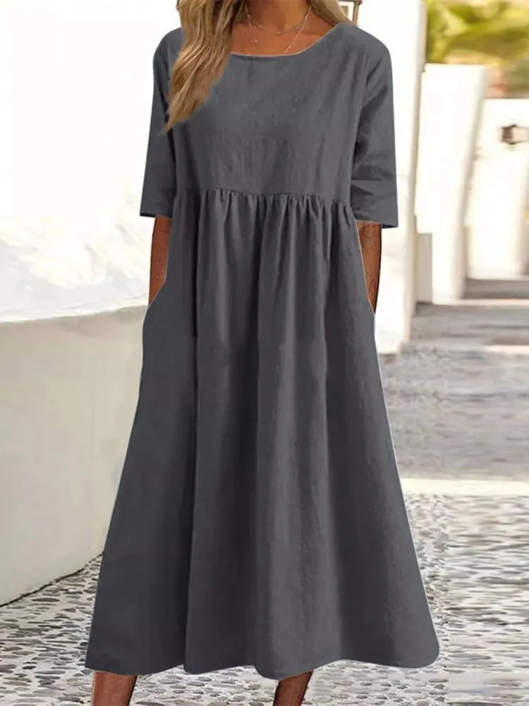 Norah™ summer dress in dark gray, short sleeves, round neck, gathered waist, midi length