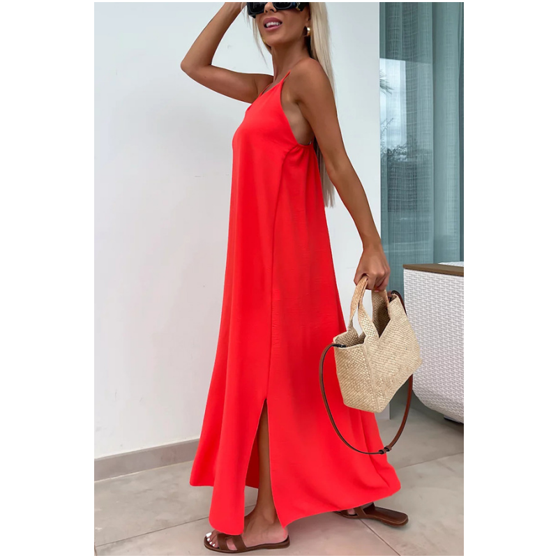 Francesca™ summer dress, sleeveless red maxi with spaghetti straps and side slit