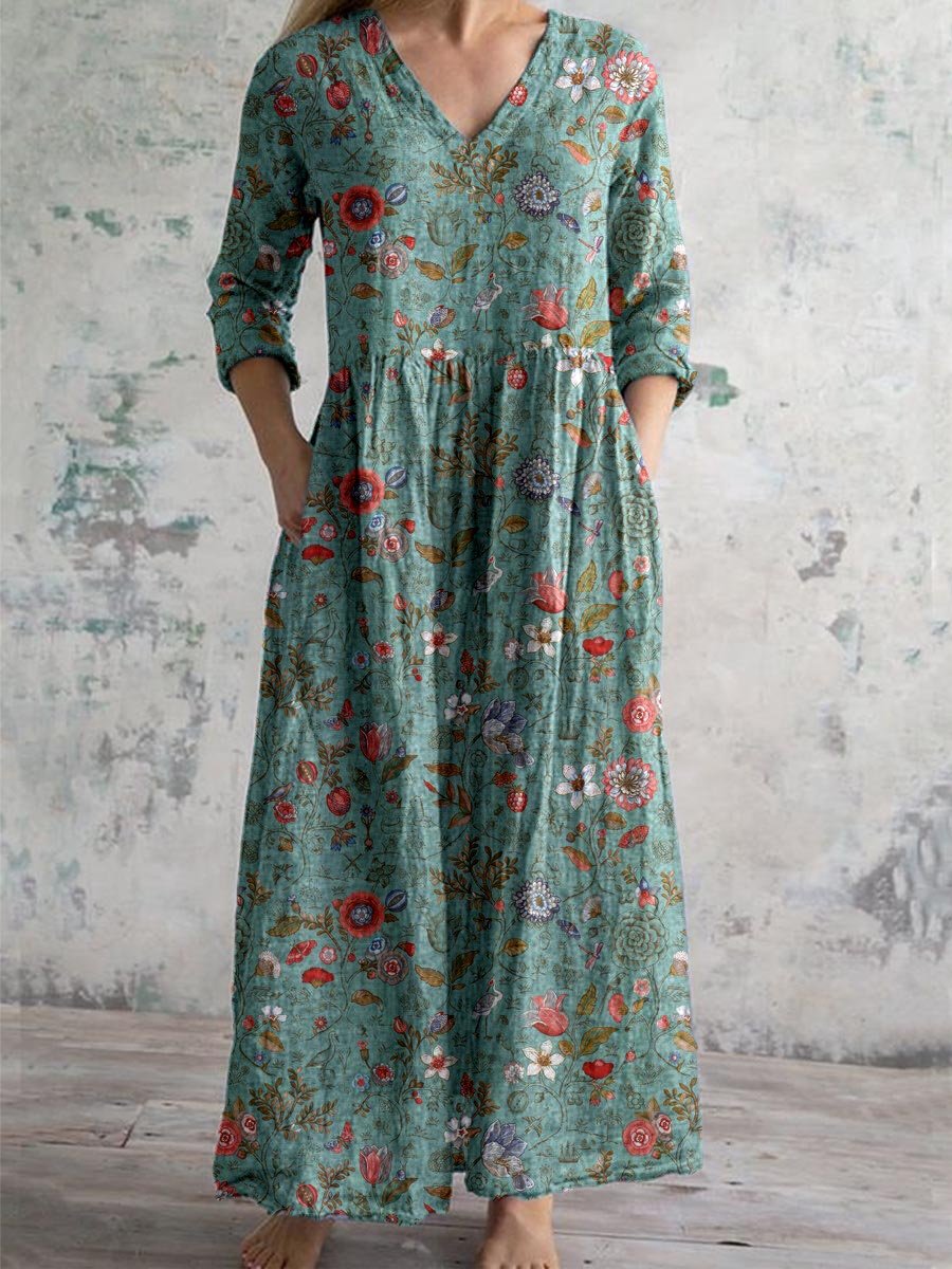 Teal floral summer maxi dress with V-neck, three-quarter sleeves, gathered waist
