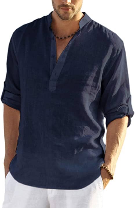 Men's V-neck linen shirt, navy, 3/4 sleeves with partial button placket