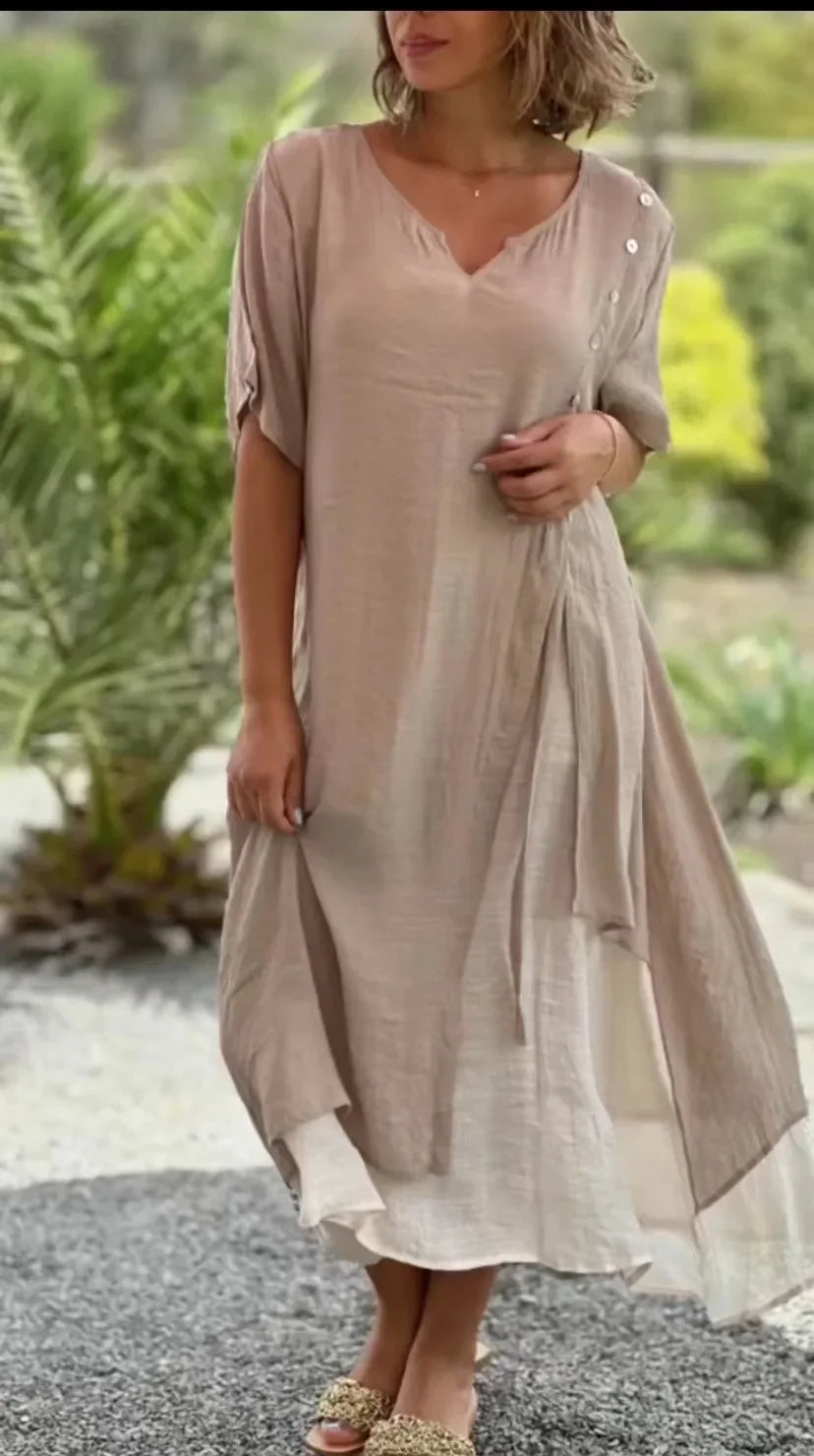 Summer dress, beige V-neck with short sleeves and uneven hem