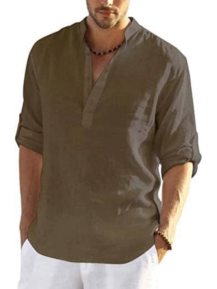 Men's V-neck linen shirt, brown, 3/4 sleeves with partial button placket