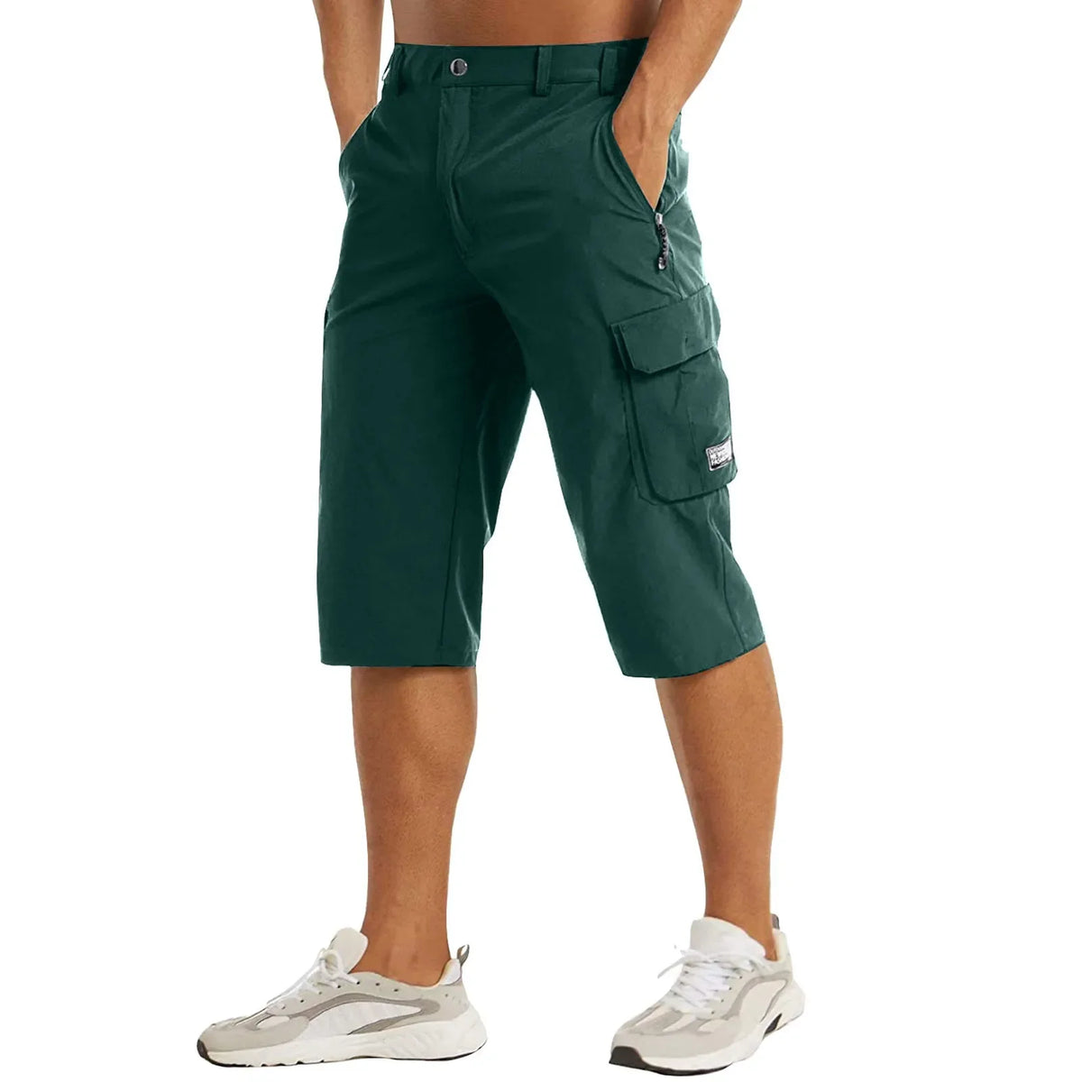 Green cargo shorts with knee-length cut and side cargo pockets