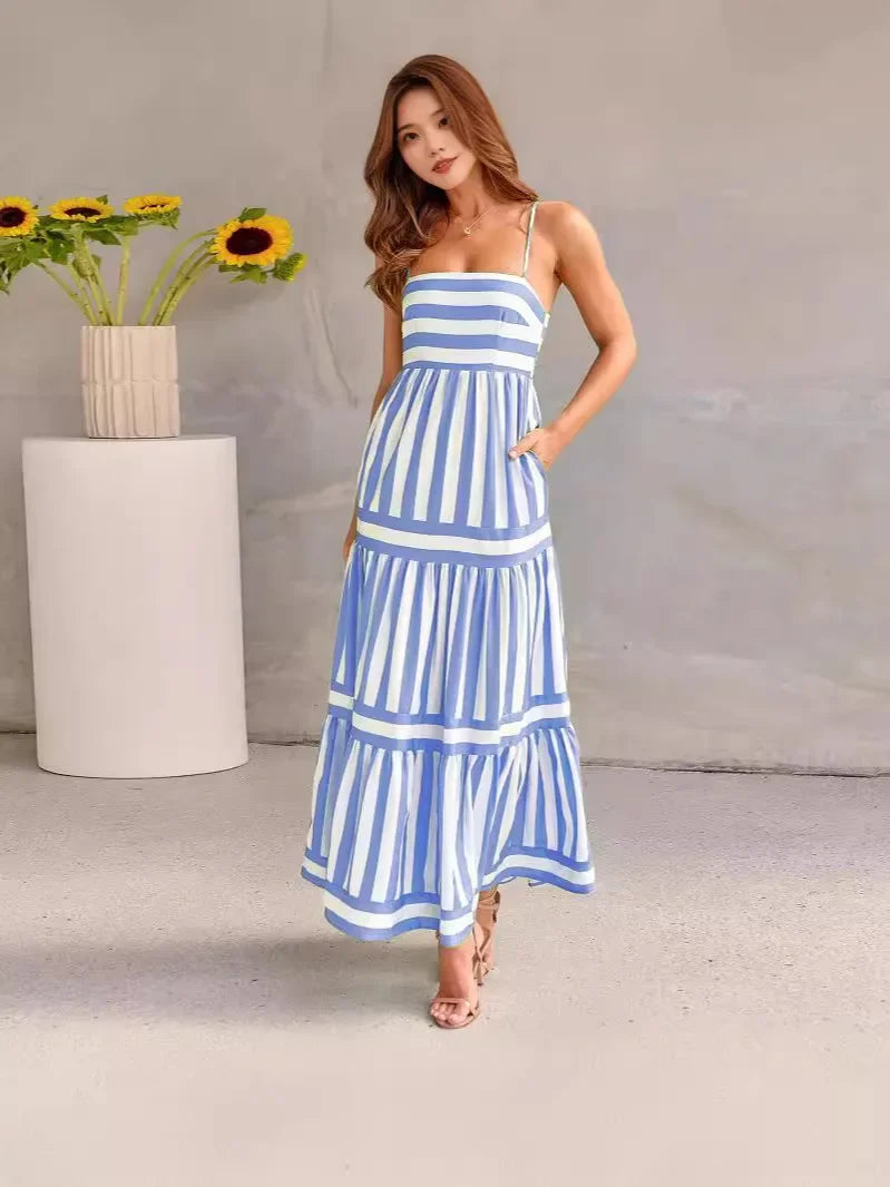 Layla™ light blue and white striped tiered maxi dress with spaghetti straps, sleeveless