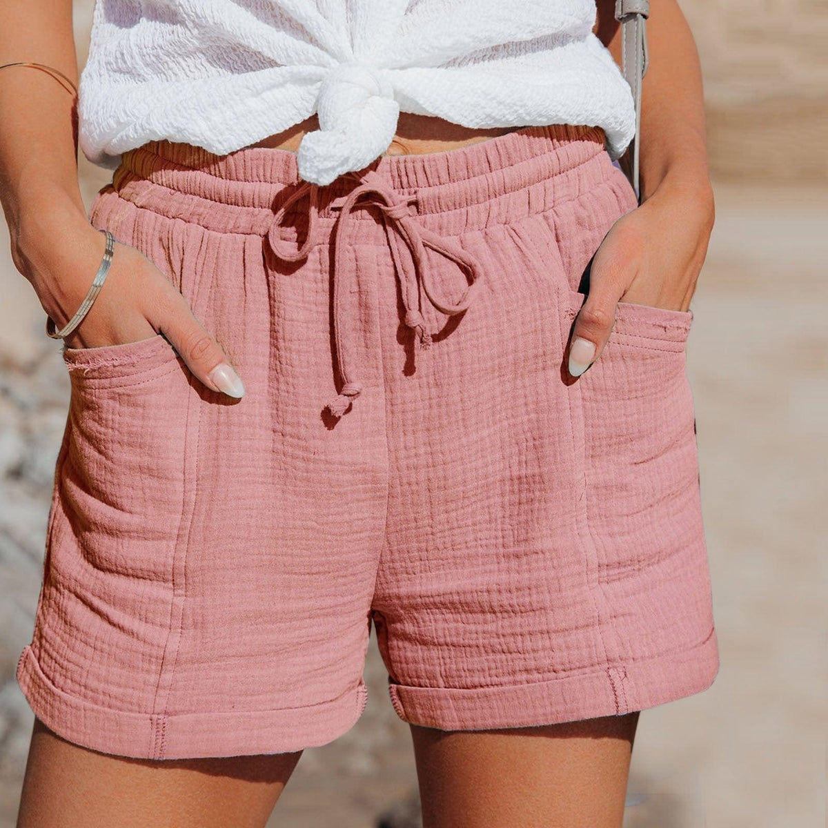 Aurora™ cotton summer shorts in dusty pink, elastic waist with drawstring ties