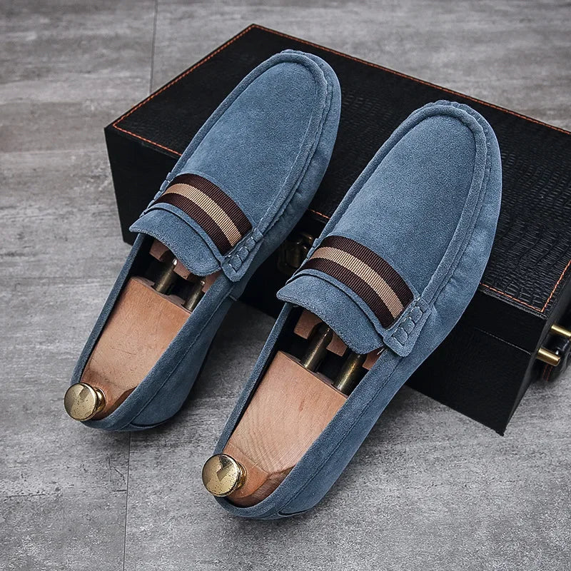 Blue suede slip-on instapper loafers with striped band at vamp